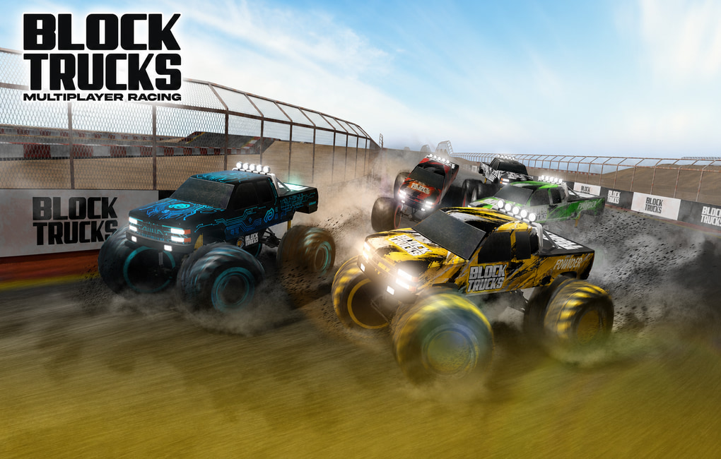 Block Trucks racing together on a dirt circuit