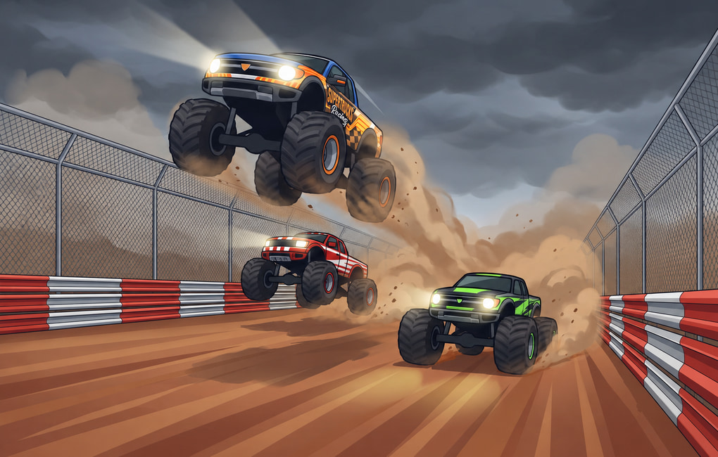 Three SuperTrucks racing through dust on an off-road circuit